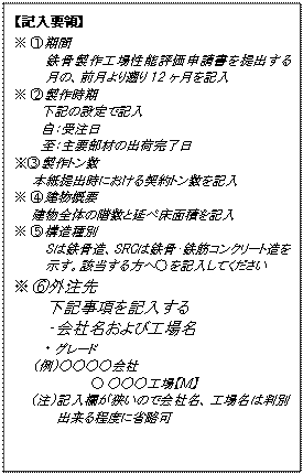 �e�L�X�g �{�b�N�X: �y�L���v�́z�@
��	�@����
�S������H�ꐫ�\�]���\�������o���錎�́A�O�����k��12�������L��
��	�A���쎞���@
�@�@�@���L�̐ݒ�ŋL��
�@�@�@���F�󒍓�
�@�@�@���F��v���ނ̏o�׊�����
���B����g����
�@�@�{����o���ɂ�����_��g�������L��
��	�C�����T�v
�����S�̂̊K���Ɖ��׏��ʐς��L��
��	�D�\�����
S�͓S�����ASRC�͓S���E�S�؃R���N���[�g���������B�Y��������ց����L�����Ă�������
��	�E�O����
�@�@�@���L�������L������
�@�@�@�E��Ж�����эH�ꖼ
�E	�O���[�h 
�@�@�i��j�����������
��	�������H��y�l�z
�i���j�L�����������̂ŉ�Ж��A�H�ꖼ�͔��ʏo������x�ɏȗ���

